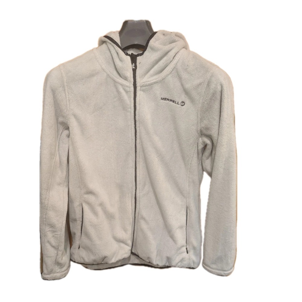 Merrell Womens M Full Zip White Fleece Jacket 2 Pocket Raglan Soft Fluffy Casual